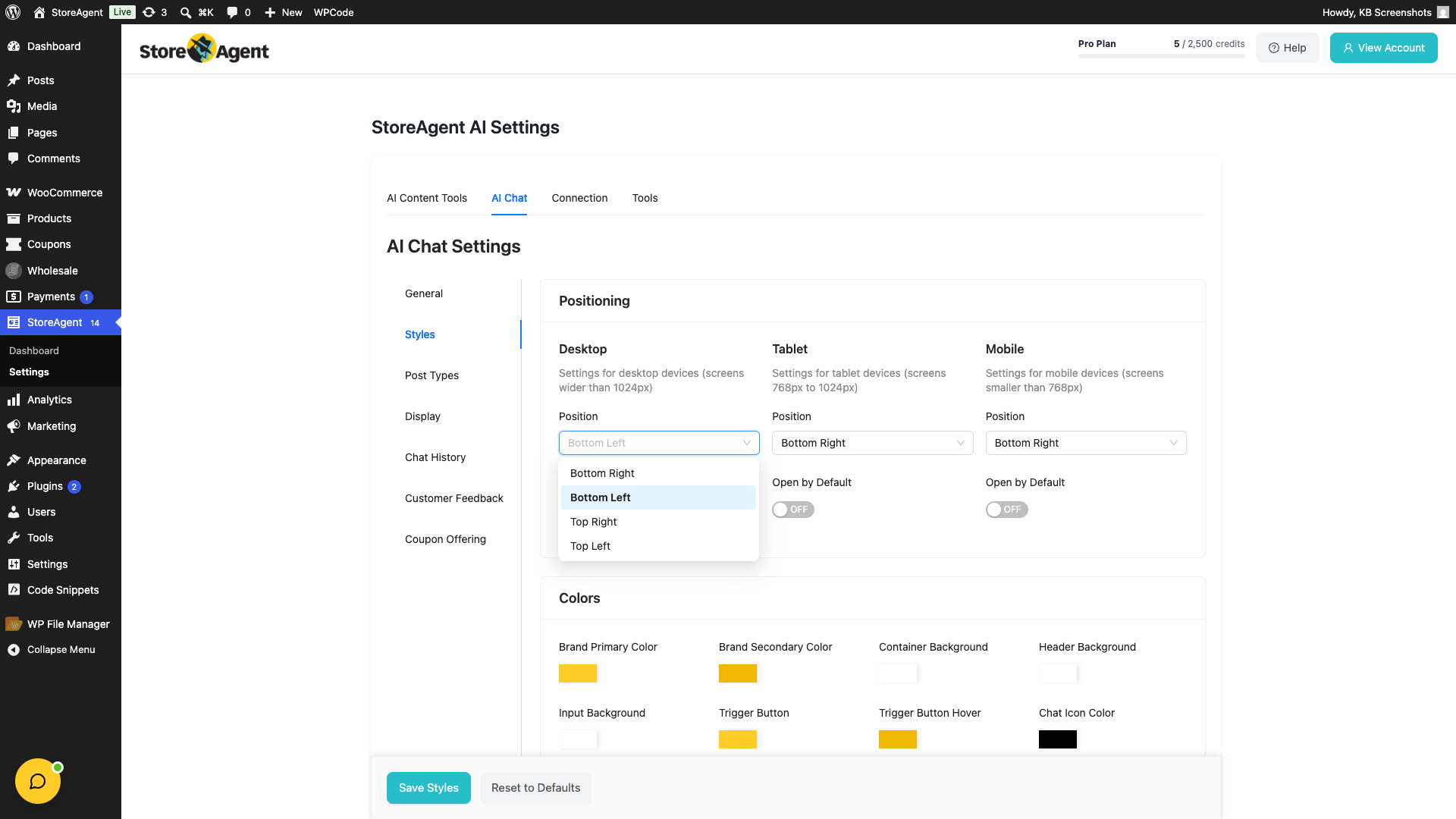 storeagent-chat-rtl-positioning-bottom-left – StoreAgent StoreAgent → Settings → AI Chat → Styles sub-tab, under Positioning, with the Desktop Position dropdown open showing "Bottom Left" selected