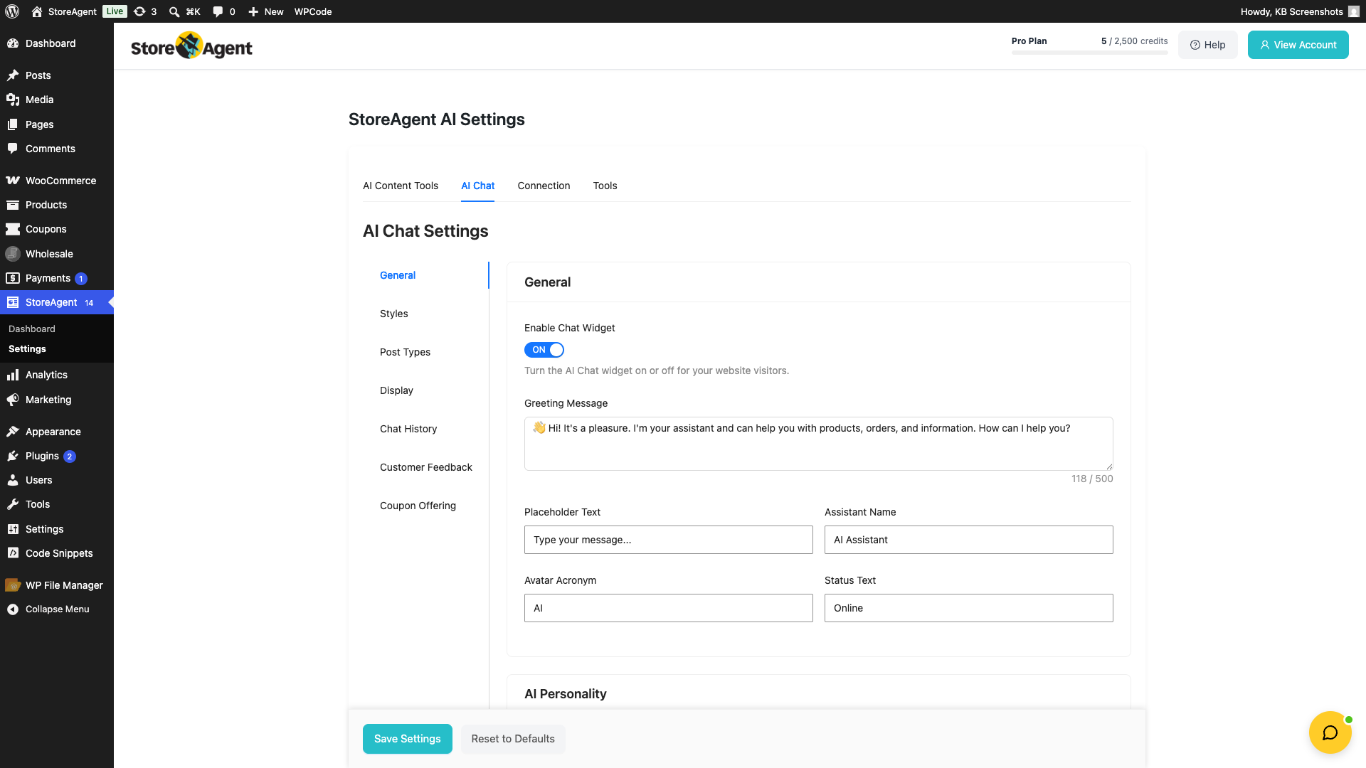 storeagent-chat-settings-all-tabs-overview – StoreAgent The StoreAgent AI Chat Bot settings page showing all seven sub-tabs in order: General, Styles, Post Types, Display, Chat History, Customer Feedback, Coupon Offering