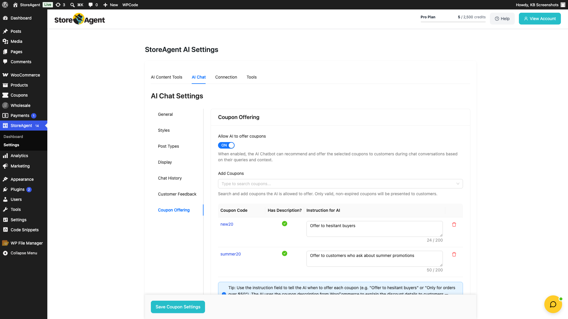 storeagent-chat-settings-coupon-offering-tab – StoreAgent The Coupon Offering tab showing the "Allow AI to offer coupons" toggle and the "Add Coupons" search field