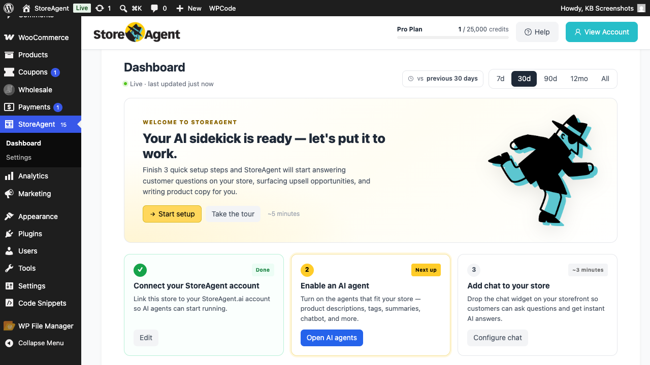 storeagent-dashboard-empty-hero-setup-checklist – StoreAgent Welcome to StoreAgent setup hero with the headline, Start setup and Take the tour buttons, character illustration, and the three-step setup checklist