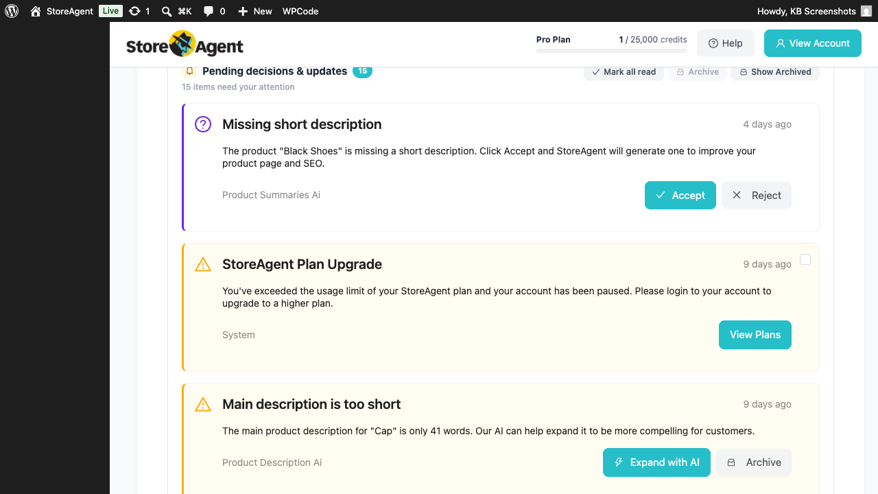 storeagent-dashboard-pending-decisions-panel – StoreAgent Pending decisions & updates panel header with count badge of 15, Mark all read / Archive / Show Archived buttons, and the first three notification cards visible