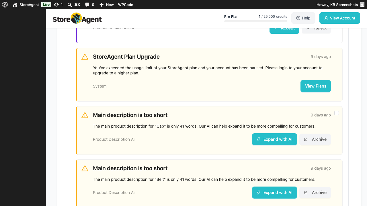 storeagent-dashboard-suggestion-notification-card – StoreAgent Suggestion notification card from Product Description AI titled Main description is too short, with Expand with AI and Archive buttons