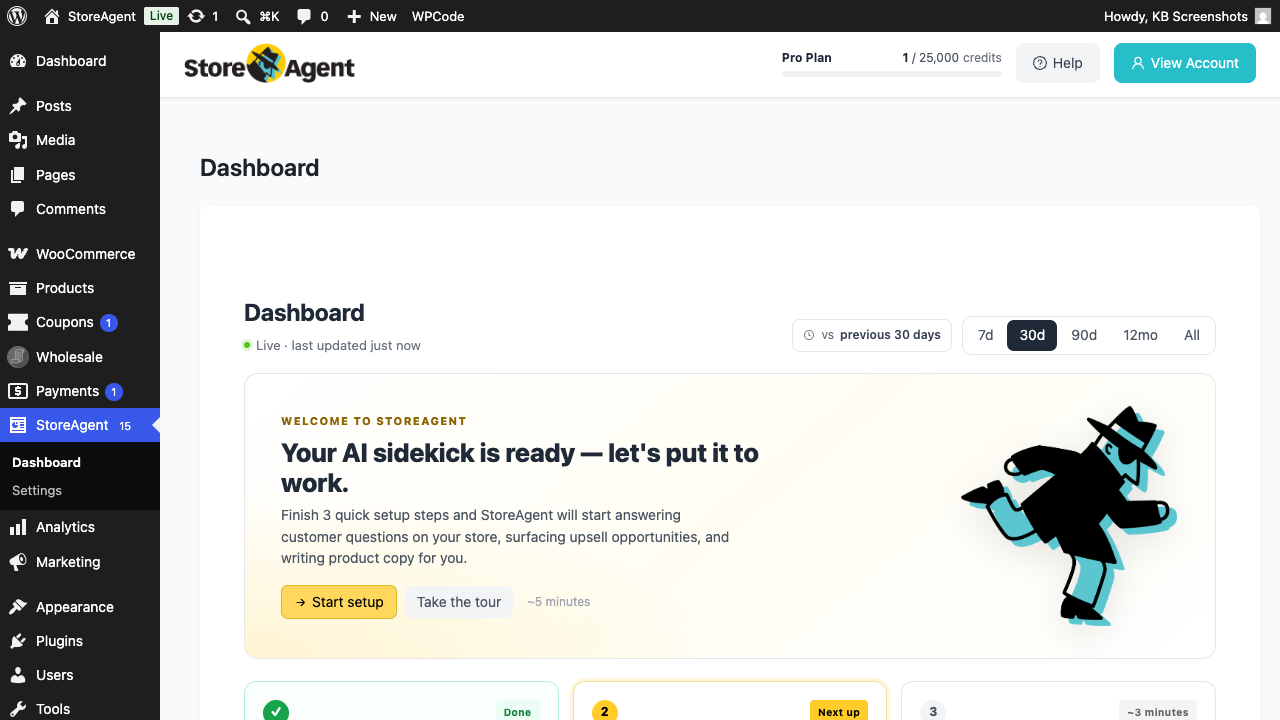 storeagent-dashboard-top-header – StoreAgent StoreAgent dashboard top showing the Pro Plan badge, credits counter, Dashboard title with Live indicator, and time-range tabs (30d active)
