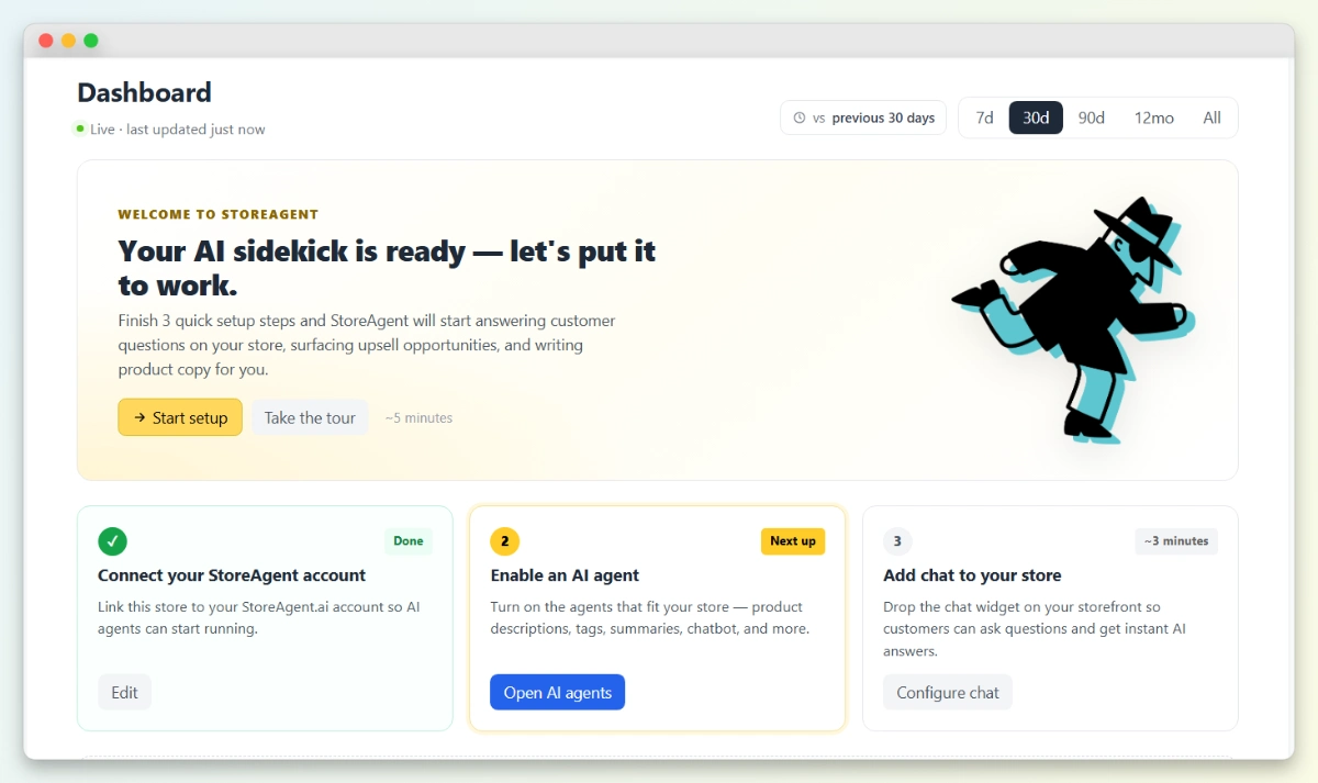 StoreAgent dashboard welcome screen for new users with a three-step setup checklist.
