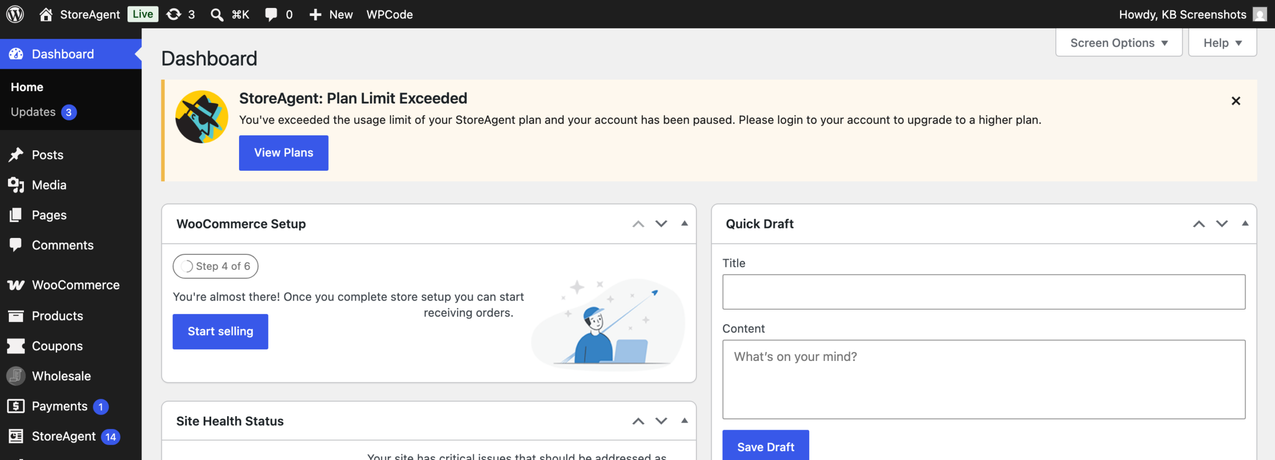 WordPress admin Dashboard showing the "StoreAgent: Plan Limit Exceeded" warning notice with the View Plans button visible