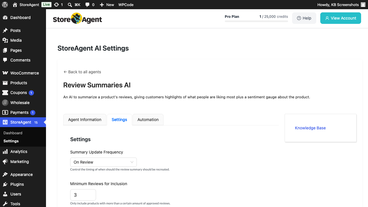 storeagent-review-summaries-ai-settings – StoreAgent Review Summaries AI Settings tab with Summary Update Frequency dropdown set to On Review and Minimum Reviews set to 3