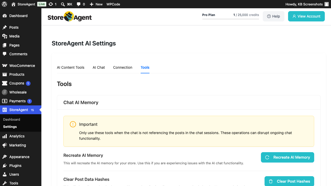 storeagent-tools-page-overview – StoreAgent StoreAgent → Settings → Tools tab Chat AI Memory section showing the Important warning callout and the Recreate AI Memory and Clear Post Data Hashes tool cards