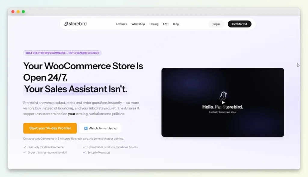 storebird ai-storeagent – StoreAgent Hero section of Storebird landing page with a bold headline about 24/7 store availability and a video preview on the right, on a light purple background.