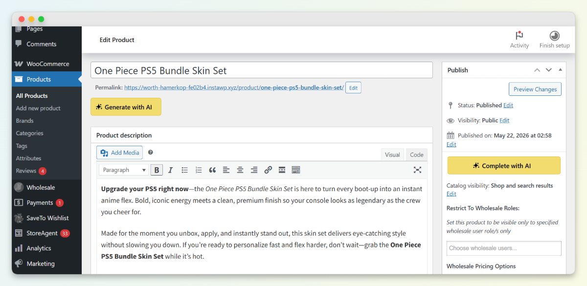 The Complete with AI button in the WooCommerce product editor Publish box