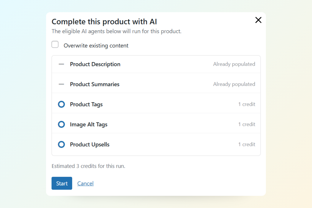 The Complete with AI panel showing eligible agents, skipped fields, and a credit estimate
