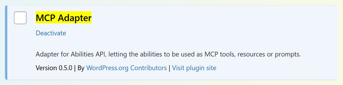 The WP MCP Adapter plugin active in the WordPress plugins list