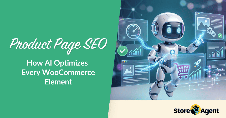 Product Page SEO: How AI Optimizes every WooCommerce element, with a futuristic robot and dashboards on the right.