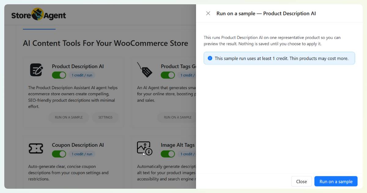 The Run on a sample drawer for the Product Description tool, explaining that nothing is saved until you apply it