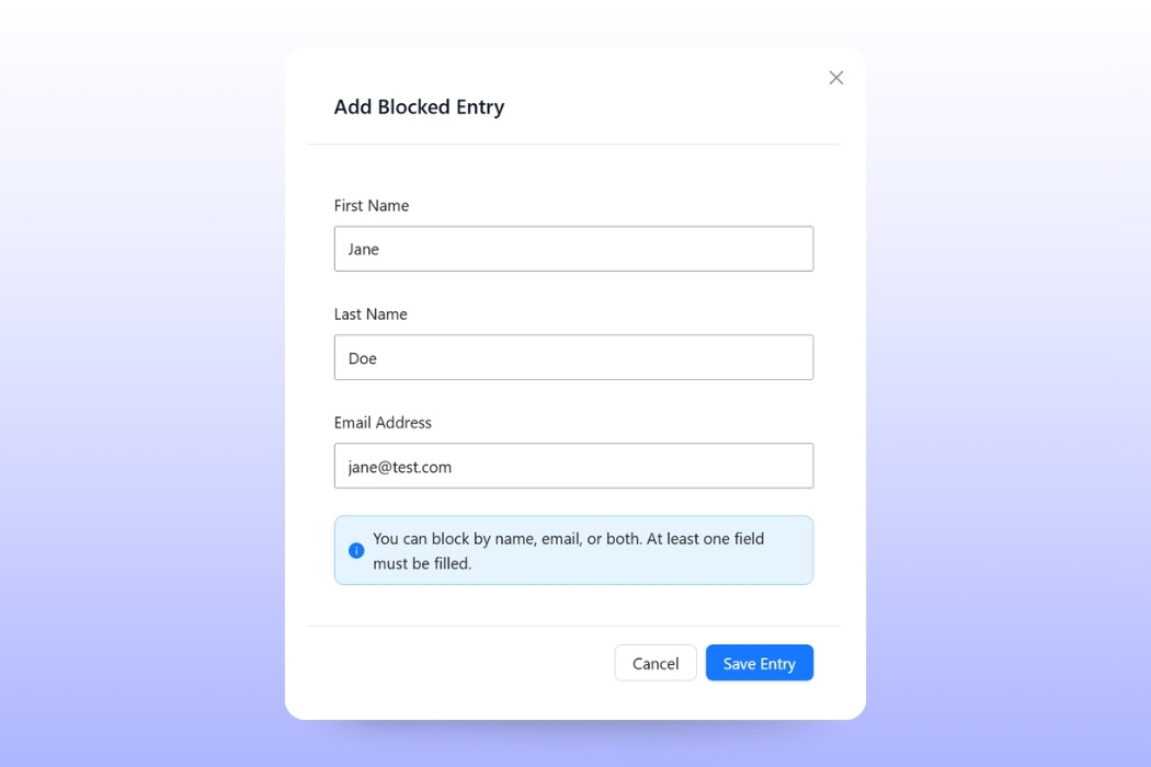 Checkout Guard Add Blocked Entry dialog with first name, last name, and email address fields
