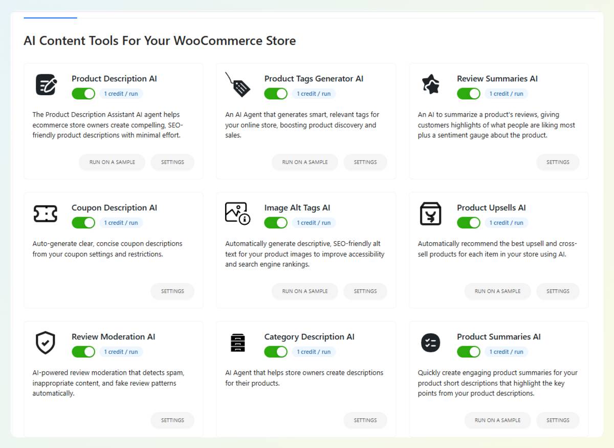 StoreAgent AI content tool settings cards, each showing a per-run credit cost chip and a Run on a sample button