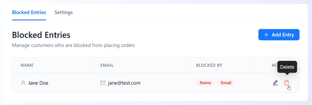 Checkout Guard Blocked Entries list showing a blocked customer by name and email
