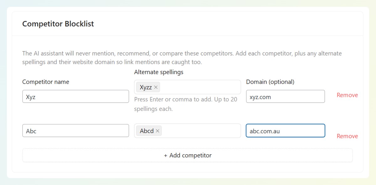 An AI chatbot competitor blocklist with competitor name, alternate spellings, and domain filled in for two competitors