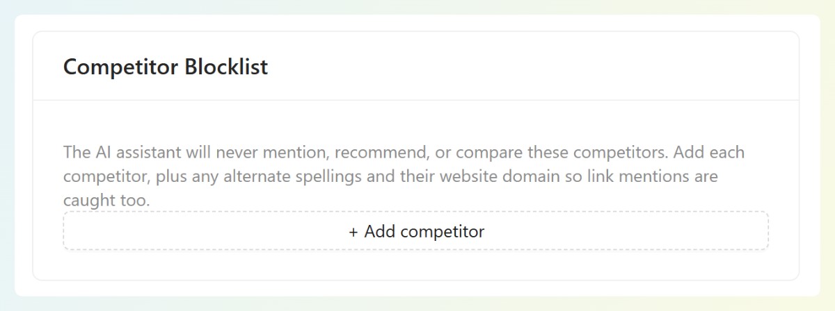 The Competitor Blocklist section in StoreAgent AI chat settings with the Add competitor button