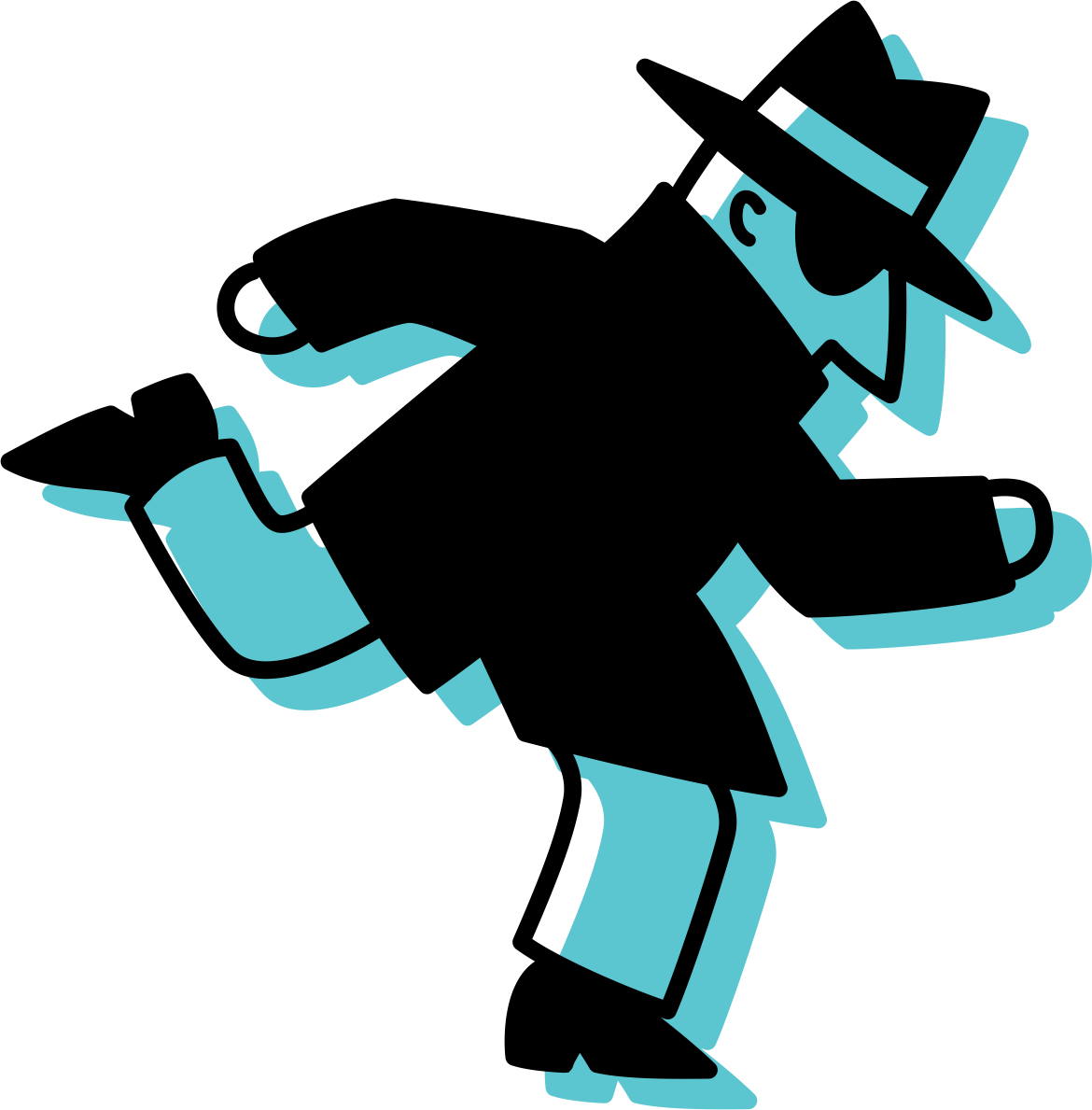 Silhouette of a detective in a fedora and trench coat running forward