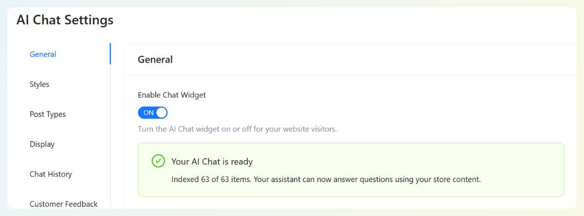 StoreAgent AI Chat settings showing a ready state, Your AI Chat is ready, with 63 of 63 products indexed