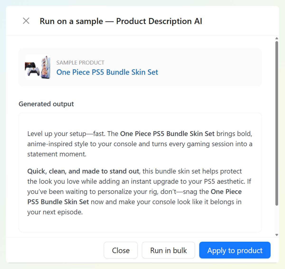 Sample preview drawer showing a generated product description with Apply to product and Run in bulk buttons