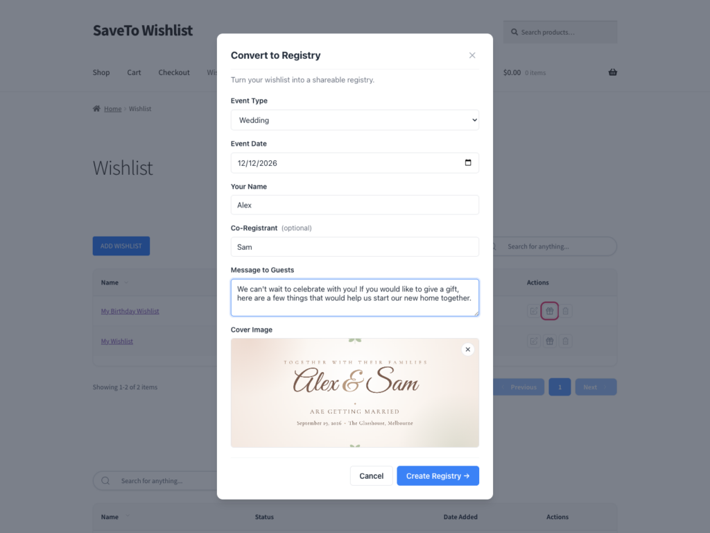 save-to-wishlist-registry-convert-cover – StoreAgent Modal titled Convert to Registry with a form for Event Type, Date, Names, Message, and a cover image preview on a wishlist page.