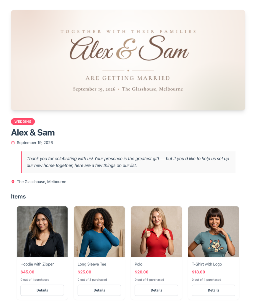 save-to-wishlist-registry-landing-page-new-product-thumbnails – StoreAgent Wedding invitation banner for Alex & Sam announcing their marriage with a soft beige gradient background and elegant script names.