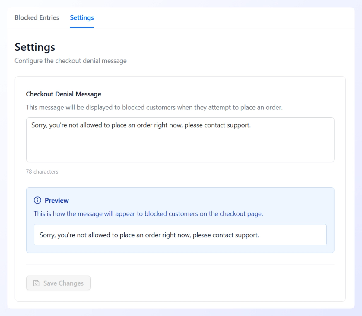 Checkout Guard settings showing the custom checkout denial message shown to blocked customers