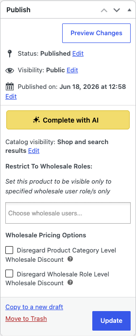 storeagent-product-completion-publish-button – StoreAgent The Complete with AI button in the Publish panel on the WooCommerce product edit screen