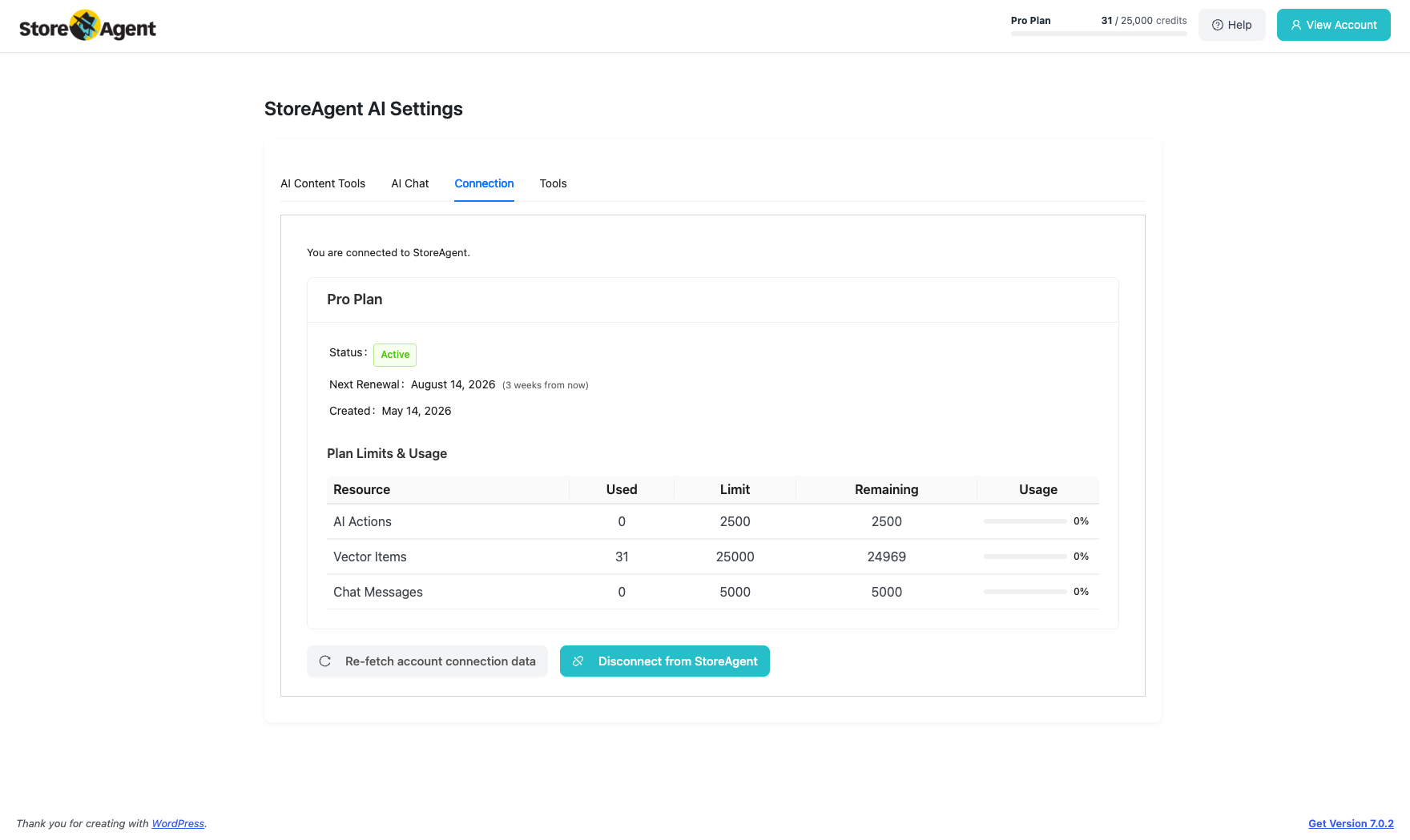storeagent-product-sync-connection-plan-usage – StoreAgent StoreAgent Connection tab showing the plan status and the Plan Limits and Usage table with the Re-fetch account connection data button