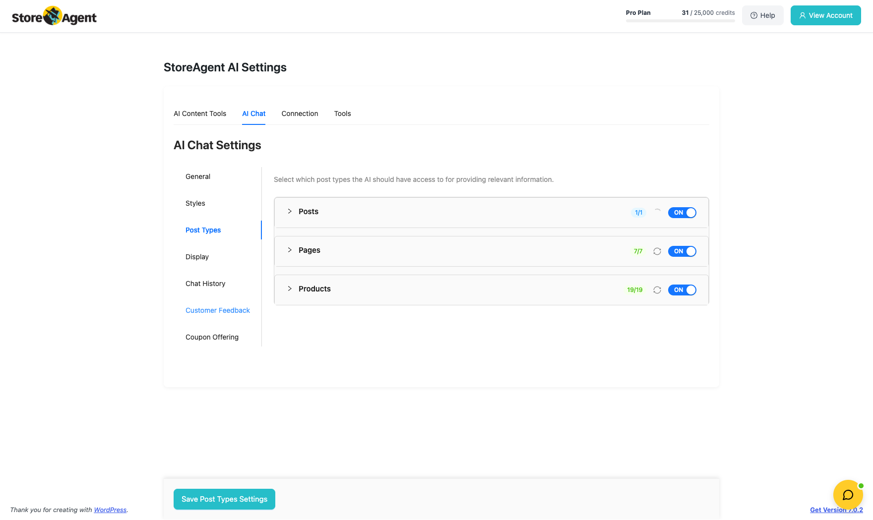 storeagent-product-sync-post-types-index-status – StoreAgent StoreAgent AI Chat settings Post Types tab showing indexed counts for Posts, Pages and Products with the sync button