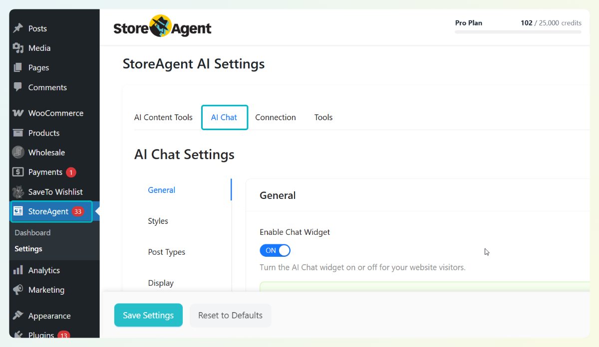StoreAgent AI Chat settings on the General tab, where the AI chatbot competitor blocklist is configured