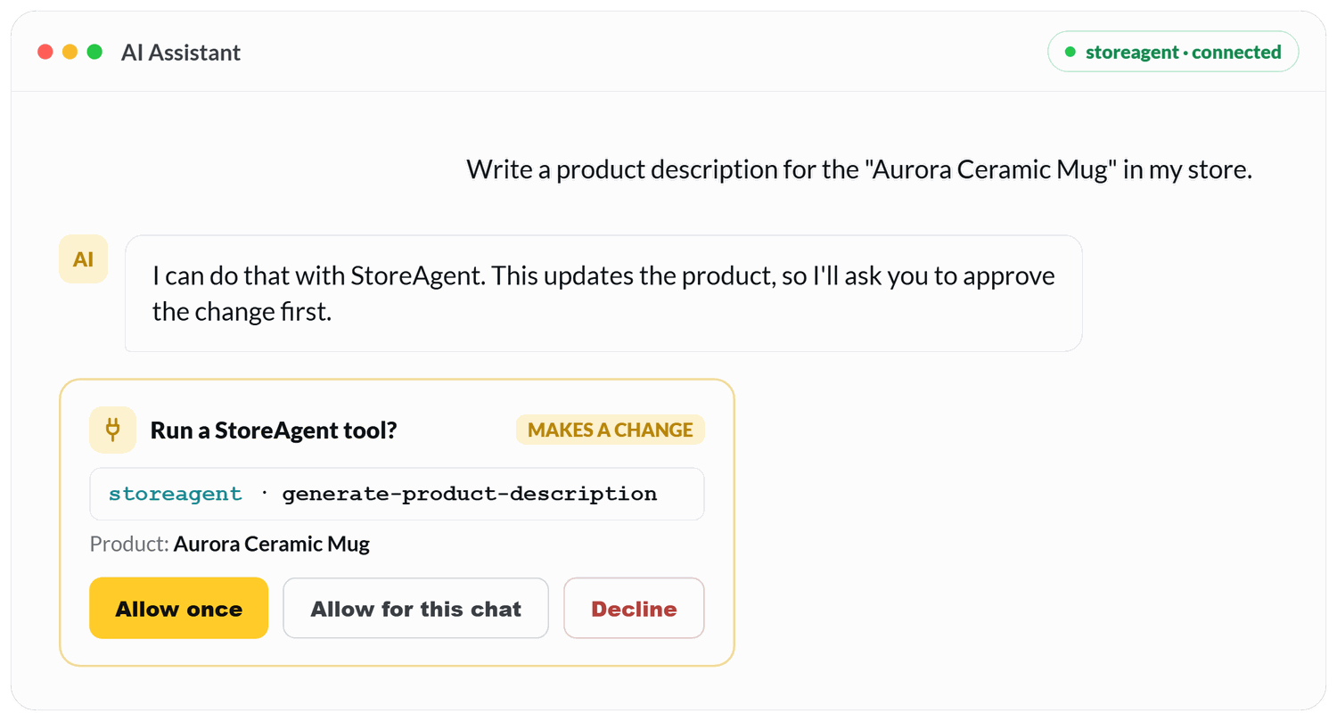 Sample illustration of a StoreAgent tool running in an AI assistant, showing a confirmation prompt before it changes a product