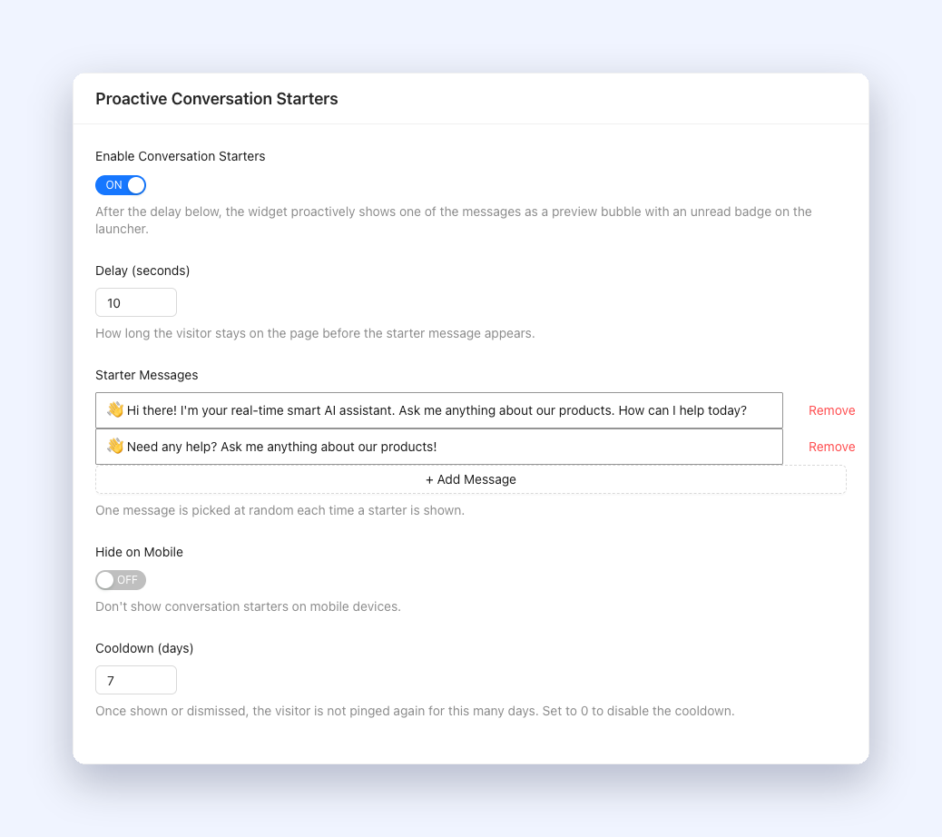 2-conversation-starters-settings – StoreAgent Proactive Conversation Starters settings card in StoreAgent Chat Widget Settings