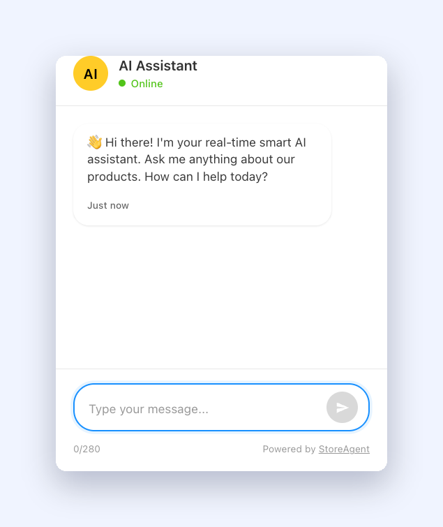 2-seeded-first-message – StoreAgent Open StoreAgent chat panel with the starter message seeded as the first assistant message