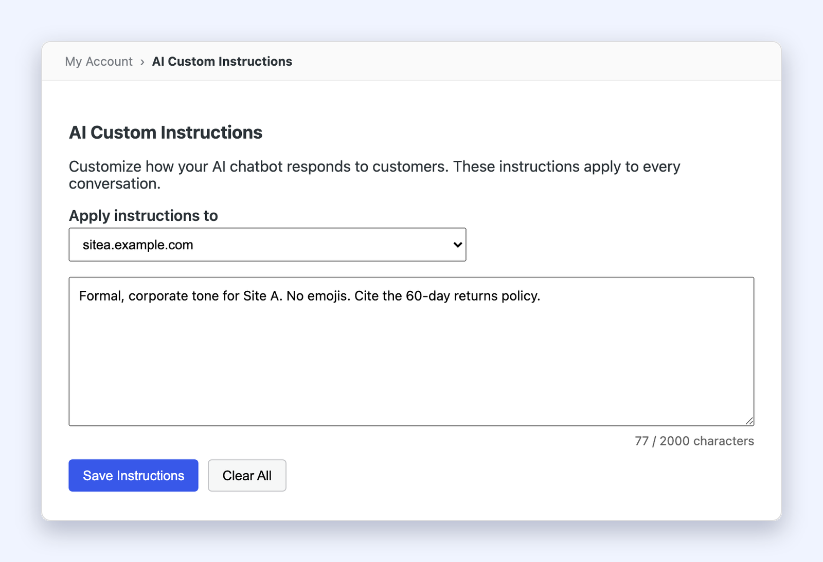 6-store-override – StoreAgent AI Custom Instructions page showing store-specific instructions saved for one connected store
