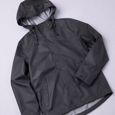 Charcoal waterproof rain coat laid flat, showing the storm flap, drawcord hood and taped seams