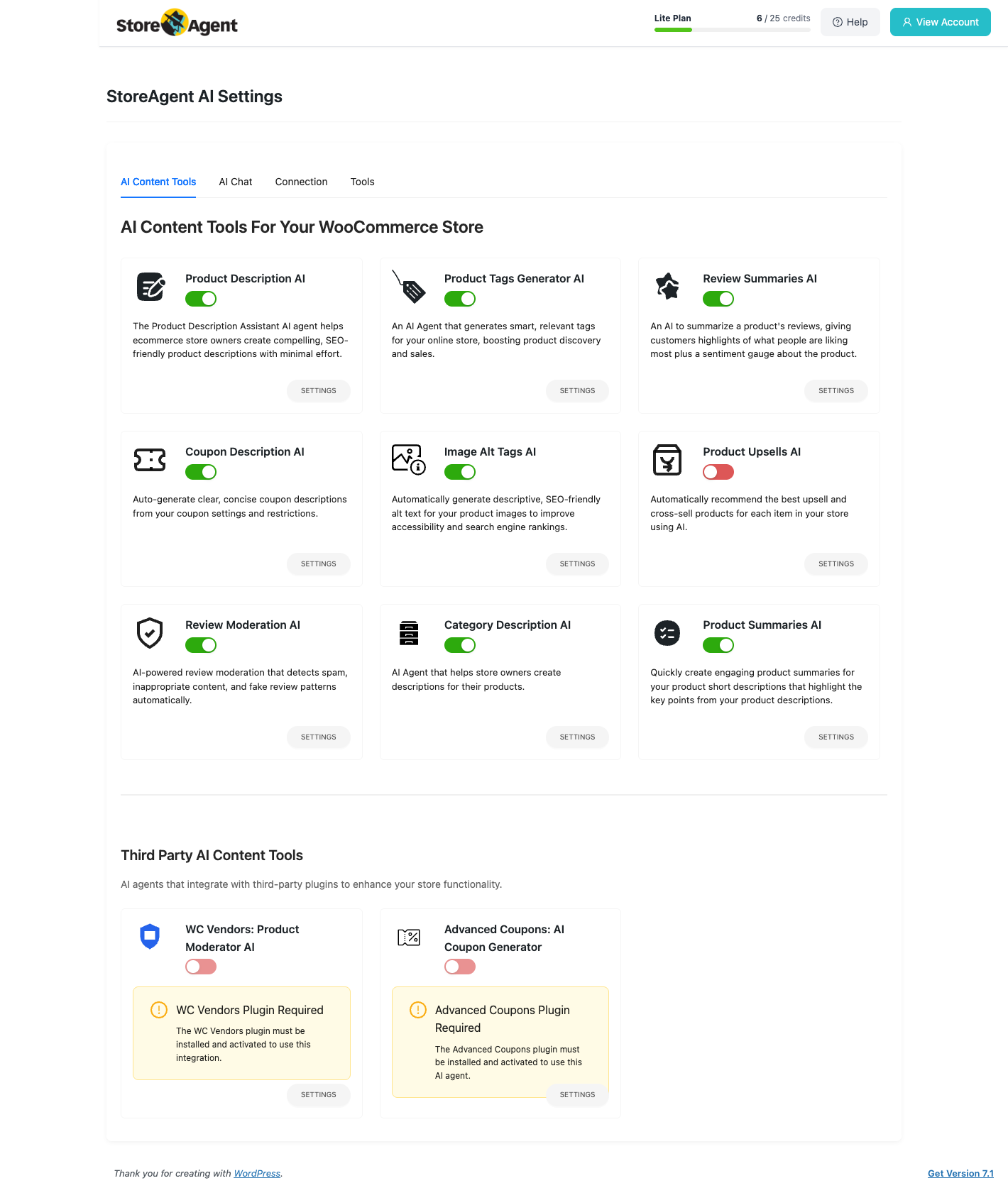 StoreAgent AI Content Tools settings grid showing product description, product tags, review summaries, coupon description, image alt tags, upsells, review moderation, category description and product summaries agents