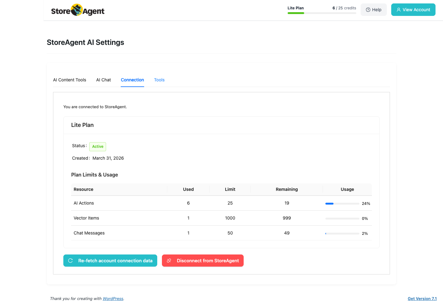 StoreAgent vs Gorgias pricing: the StoreAgent Plan Limits and Usage table showing AI actions, memory items and chat messages used against a flat monthly limit