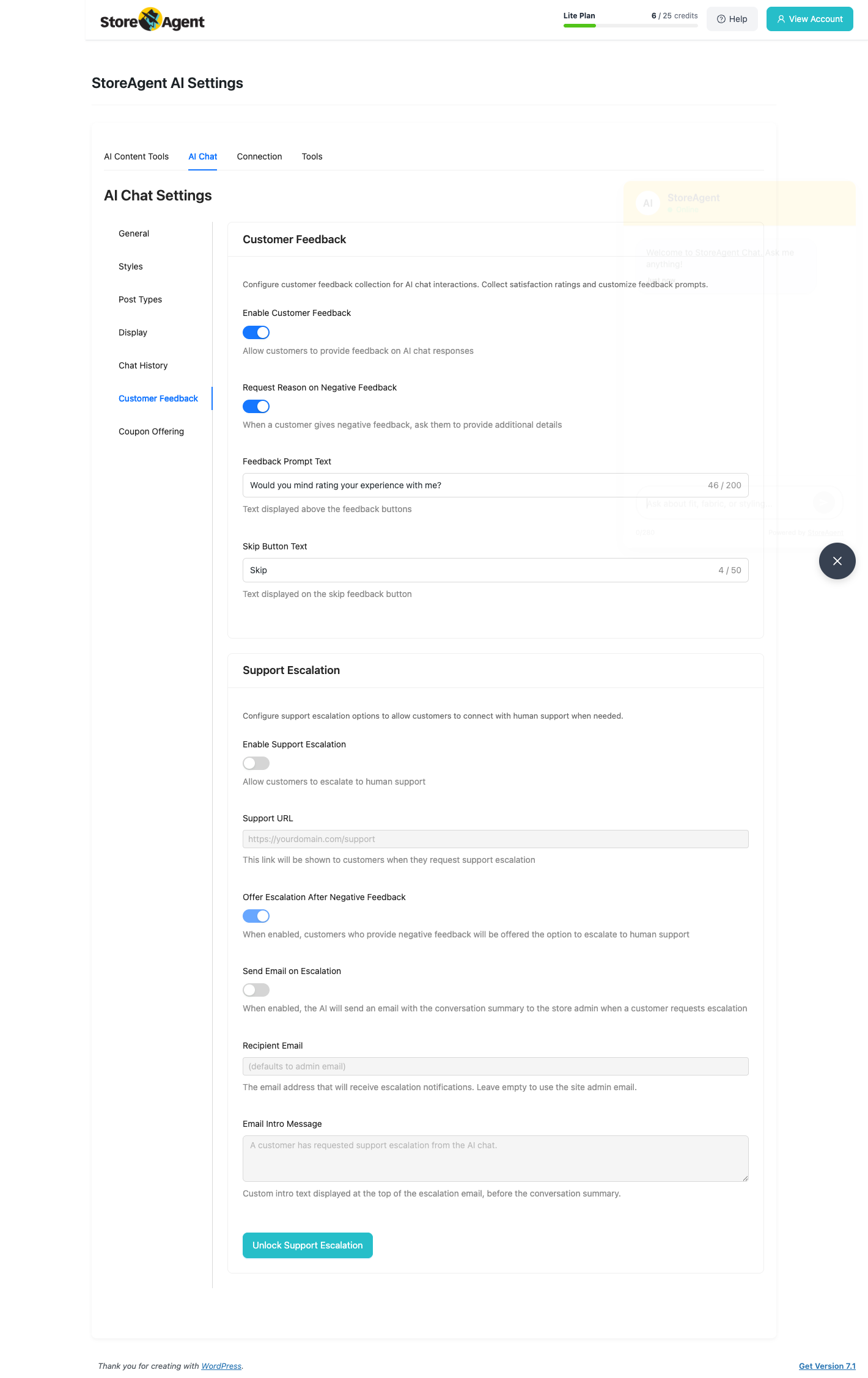 StoreAgent Support Escalation settings showing the escalation toggle, support URL, recipient email and email intro message fields