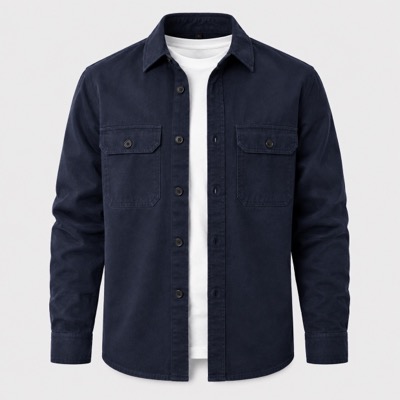 Navy midweight organic cotton overshirt with two buttoned chest pockets, shown buttoned over a white tee on a plain background