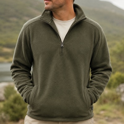 Olive half-zip fleece pullover worn by a model outdoors with hands in the front pockets