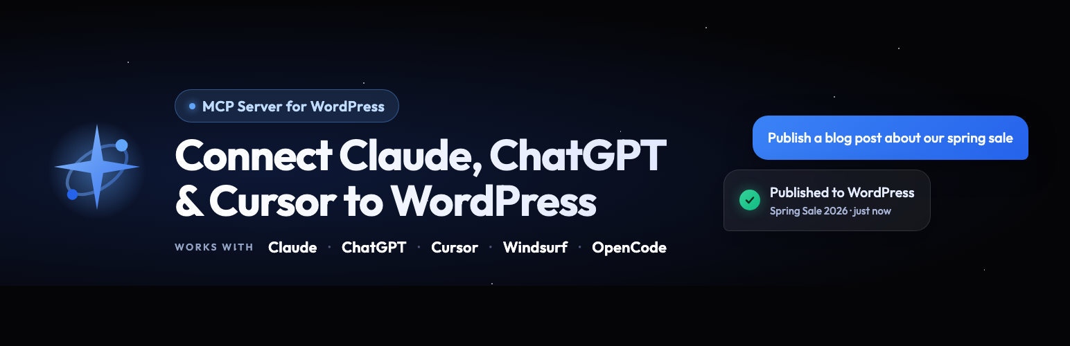 wpvibe-wordpress-mcp-banner – StoreAgent WPVibe: connect Claude, ChatGPT, and Cursor to WordPress