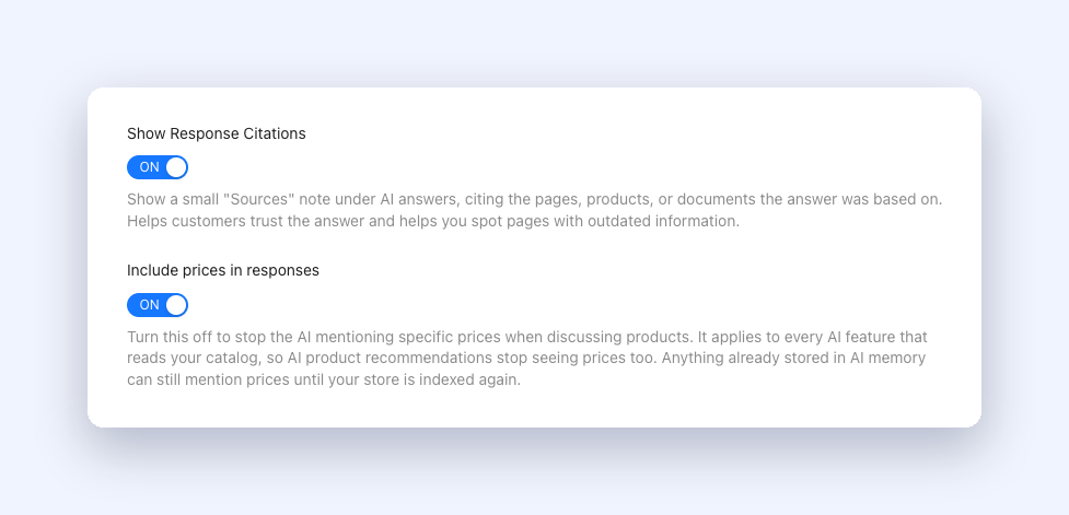 13-include-prices-toggle – StoreAgent Include prices in responses toggle in StoreAgent AI Chat General settings