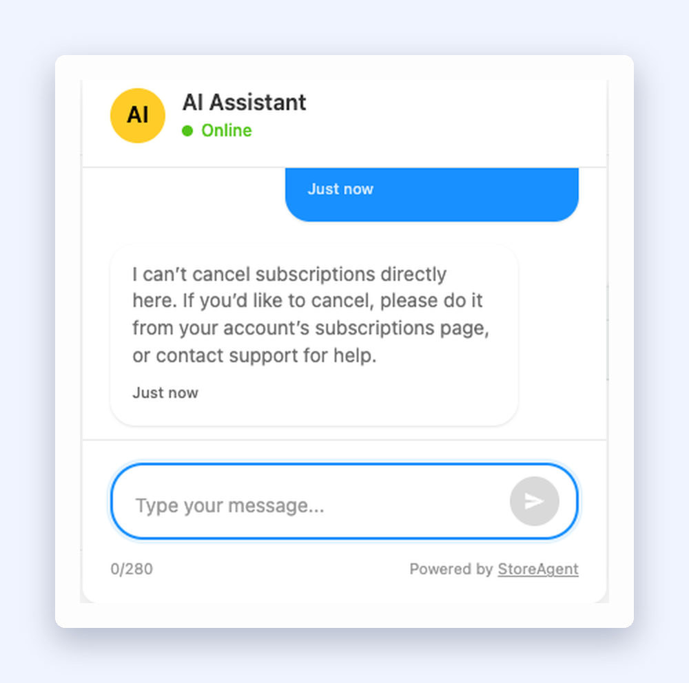 16-chat-subscription-cancel – StoreAgent StoreAgent chat widget explaining how to cancel a subscription from the account page