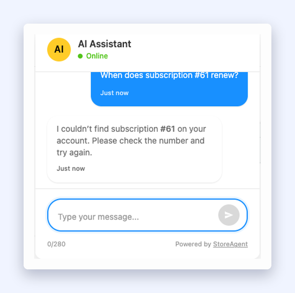 16-chat-subscription-refused – StoreAgent StoreAgent chat widget refusing a subscription that belongs to a different customer