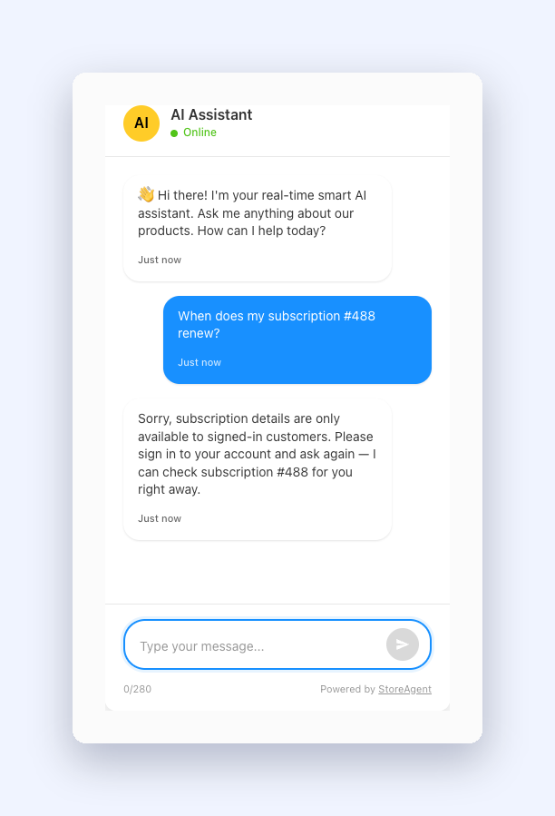 17-signed-out-subscription-reply – StoreAgent StoreAgent chat widget telling a signed-out shopper that subscription details are only available to signed-in customers