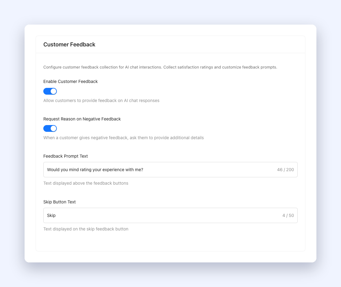 21-feedback-settings – StoreAgent StoreAgent Customer Feedback settings with Enable Customer Feedback switched on