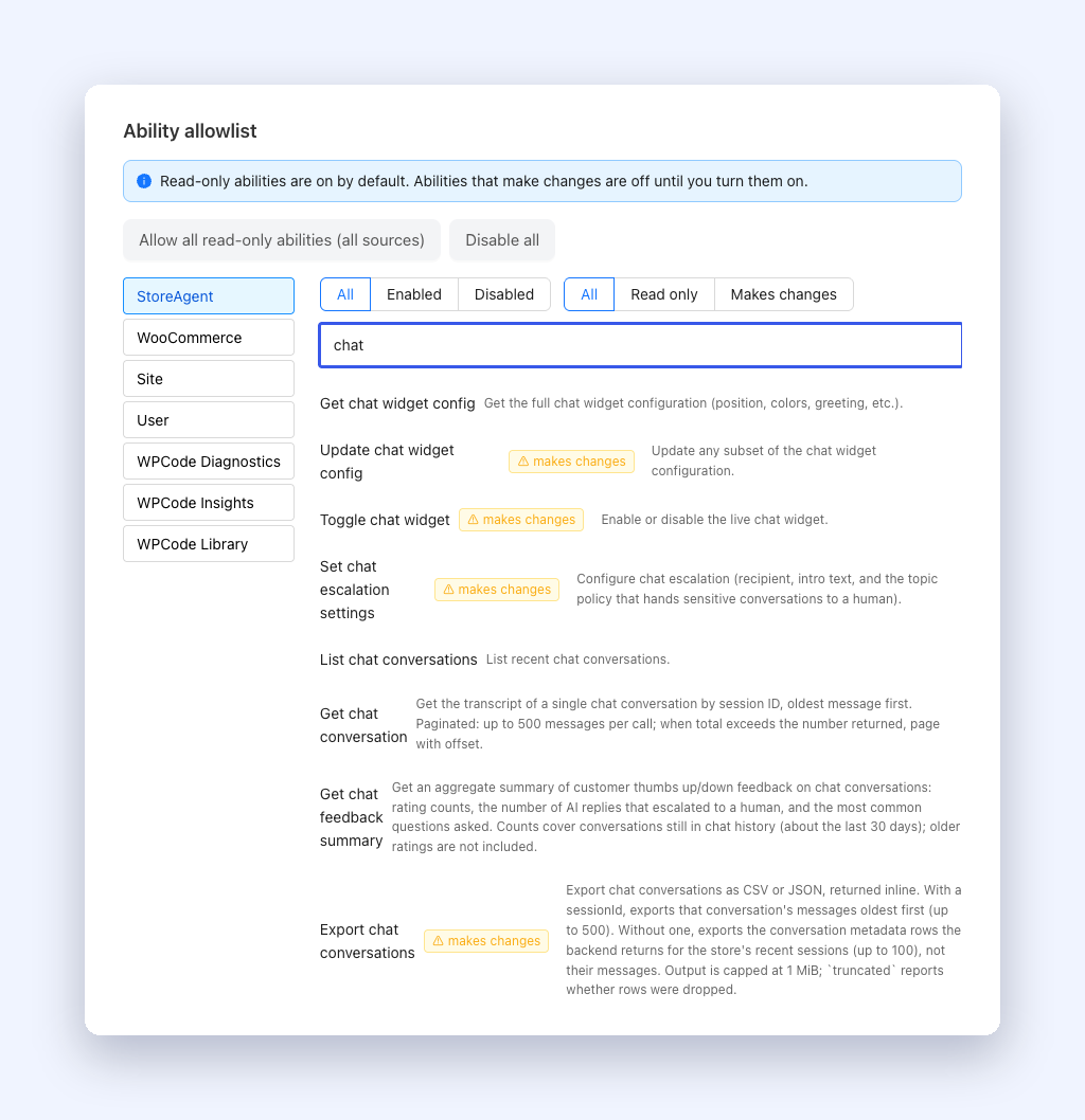 21-feedback-summary-ability – StoreAgent StoreAgent MCP ability allowlist showing the read-only Get chat feedback summary ability