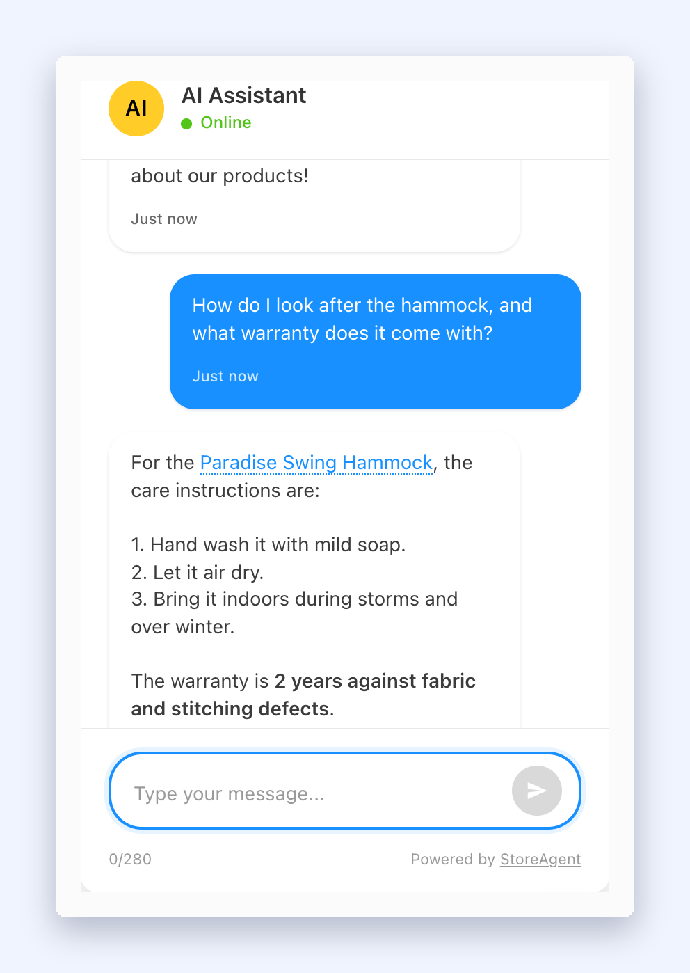 StoreAgent chat widget answering care and warranty questions from product custom fields